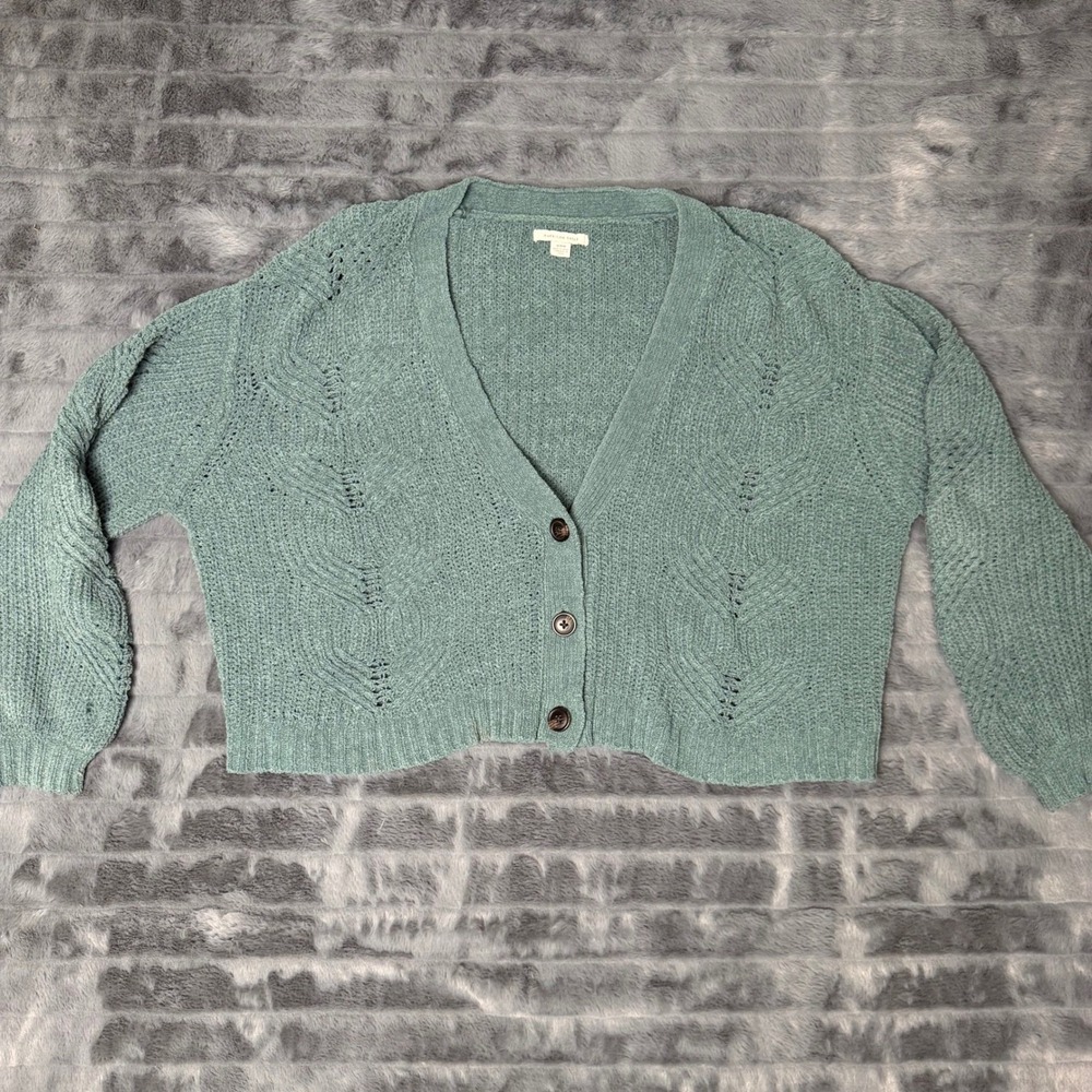 American Eagle Chenille Pointelle Cardigan Sweater Teal Green Cropped Womens M